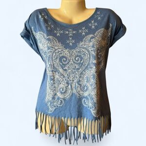 KANDY KISS Blue Fringe & Rhinestone Short Sleeve Top